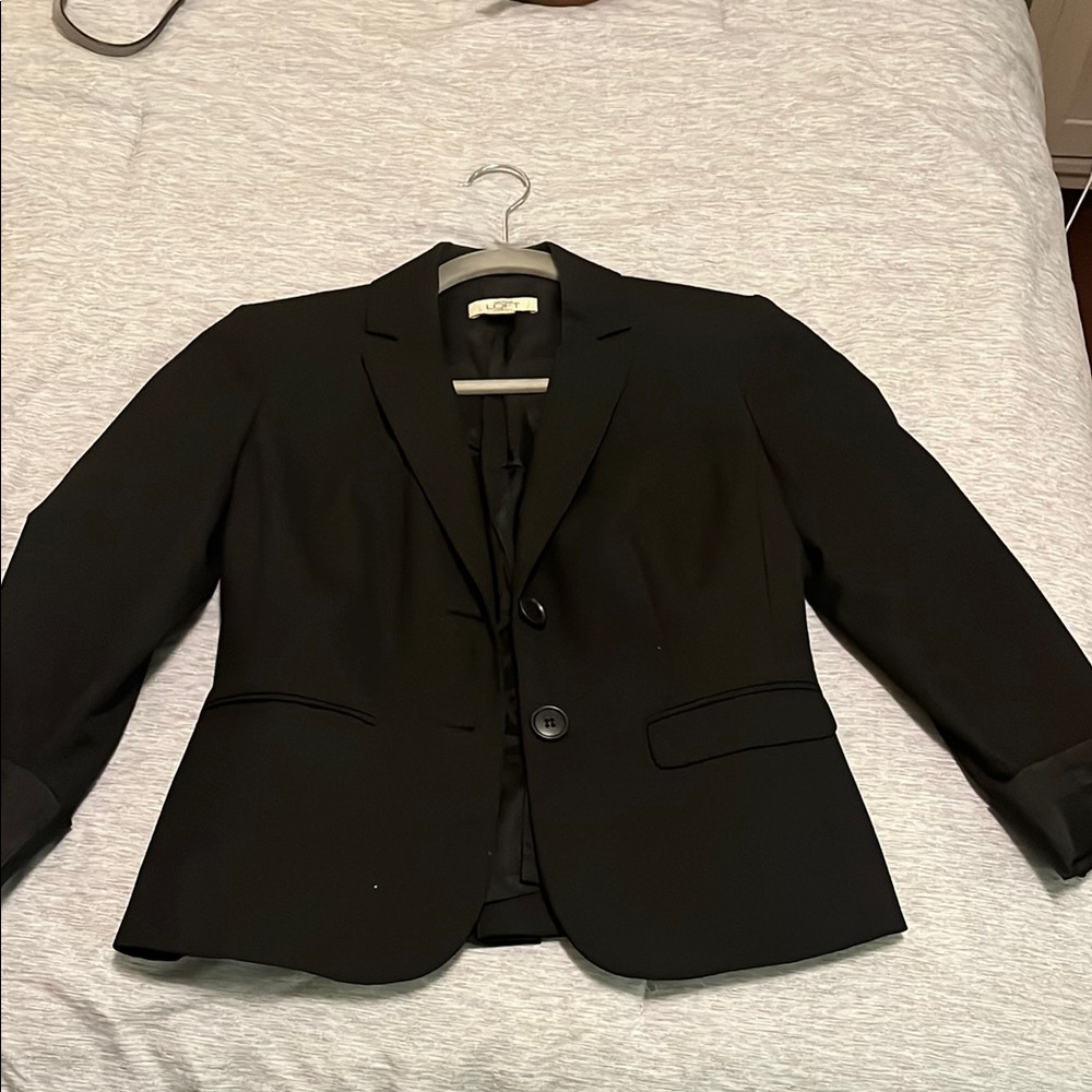 LOFT Black Fitted 3/4 Sleeve Top with Notched Collar